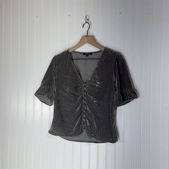 Madewell Crushed Velvet Button-Front Top Sz 4 Gray Puff Sleeve Cottagecore - Picture 1 of 7